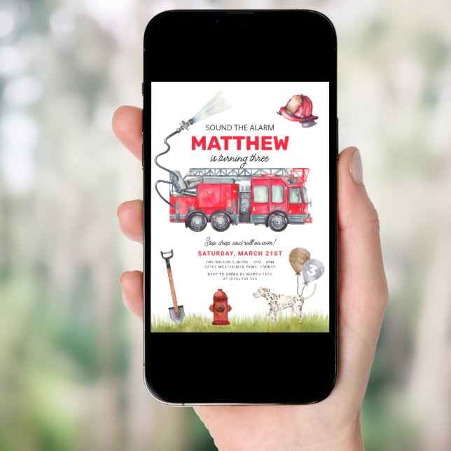 Sound the Alarm Fire Truck Birthday Invitation (Front Digital)