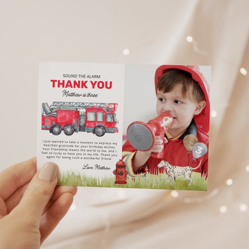 Sound the Alarm Fire Truck Birthday Photo Thank You Card