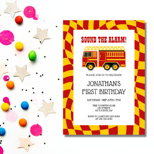  Sound The Alarm Fire Truck Checkered Birthday  Invitation