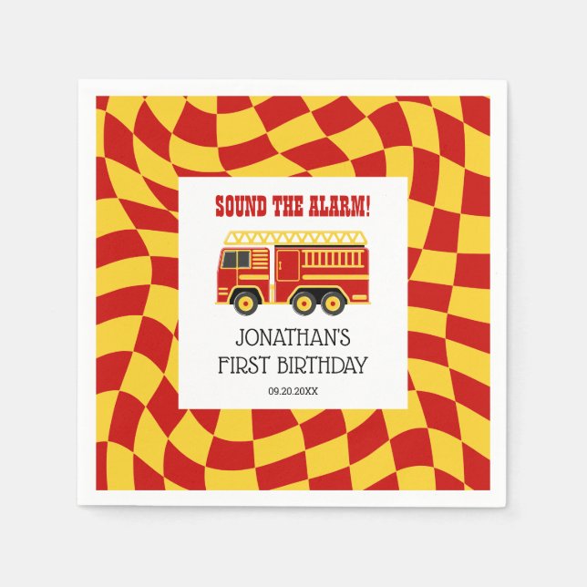 Sound The Alarm Fire Truck Checkered Birthday Napkins (Front)