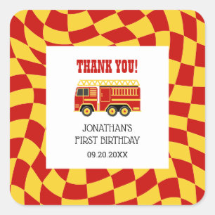 Sound The Alarm Fire Truck Checkered Birthday Square Sticker