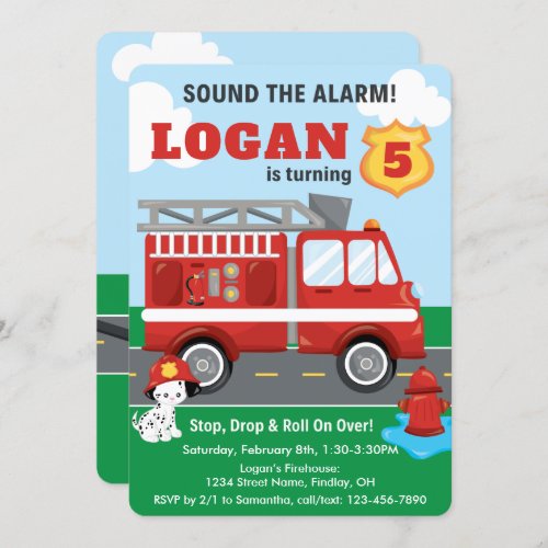 Sound the Alarm Fire Truck Dalmatian Dog Birthday Invitation