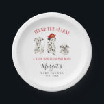 Sound the Alarm Firefighter Baby Shower Paper Plates<br><div class="desc">Cute firefighter theme baby shower plate featuring watercolor illustration of Dalmatian puppies with a fireman's helmet. The text says "Sound the alarm,  a baby boy is on the way."</div>