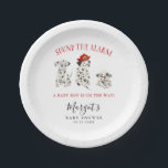 Sound the Alarm Firefighter Baby Shower Paper Plates<br><div class="desc">Cute firefighter theme baby shower plate featuring watercolor illustration of Dalmatian puppies with a fireman's helmet. The text says "Sound the alarm,  a baby boy is on the way."</div>