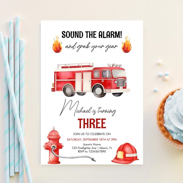 Sound The Alarm Firefighter Firetruck Birthday Invitation (Creator Uploaded)