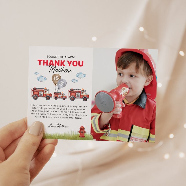Sound the Alarm Fireman Birthday Photo Thank You Card (Creator Uploaded)