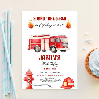 Sound The Alarm Firetruck Boys 4th Birthday Invitation