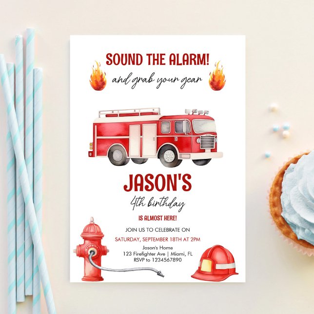 Sound The Alarm Firetruck Boys 4th Birthday Invitation (Creator Uploaded)