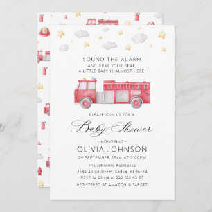 Sound the Alarm Firetruck Firefighter Baby Shower Invitation
