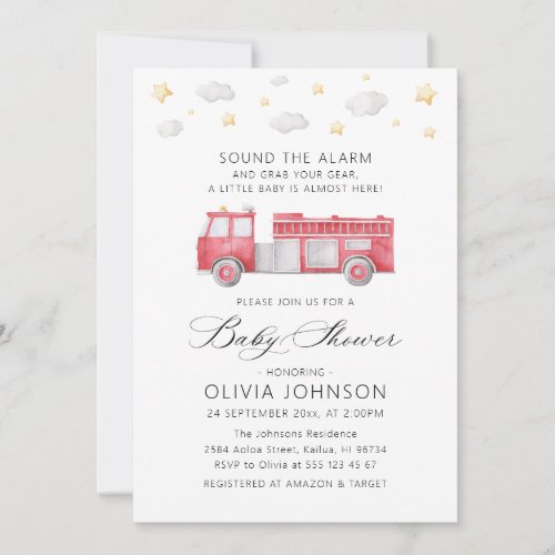 Sound the Alarm Firetruck Firefighter Baby Shower Invitation