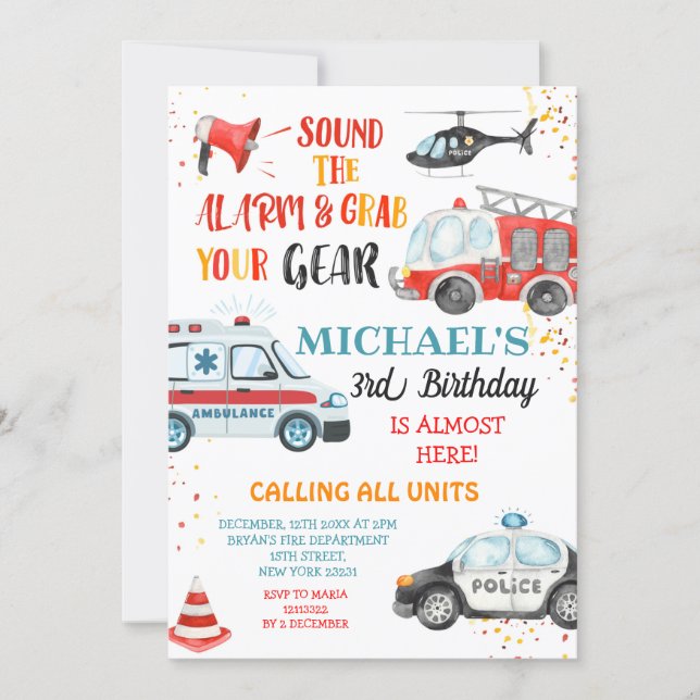 Sound the alarm & Grab your gear Birthday Invitation (Front)