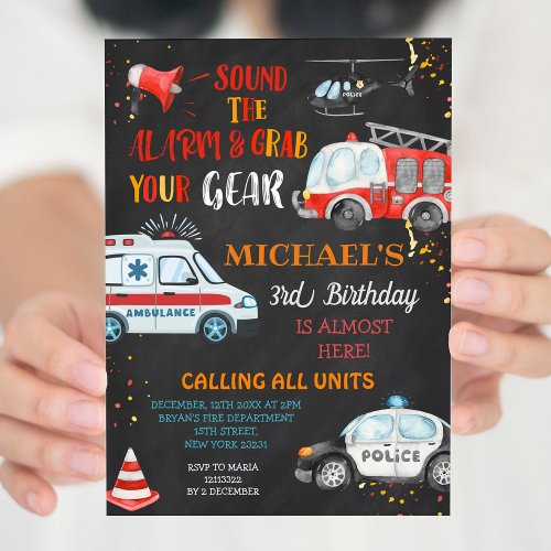 Sound the alarm  Grab your gear Chalkboard Invitation