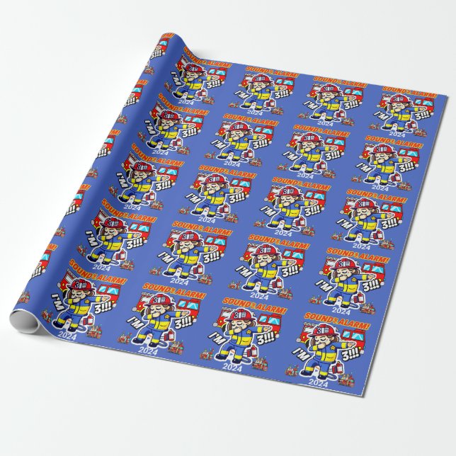 Sound The Alarm Im 3 Dabbing Firefighter Birthday Wrapping Paper (Unrolled)