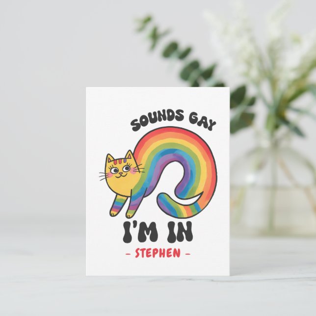 Sounds Gay, I’m In – Rainbow Cat LGBTQ Pride Postcard (Standing Front)