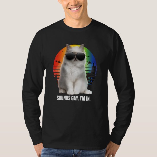 Sounds Gay I'm In Rainbow Cat Gay Pride Sunset Ret T-Shirt (Front)