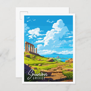 Sounion Greece vintage travel illustration Postcard