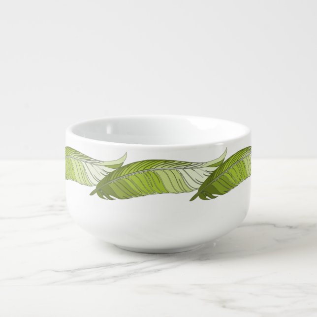 Soup Mug - Five Green Feathers (Front)