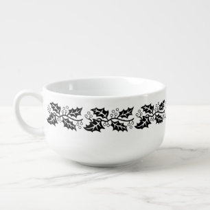 Soup Mug - Holly Leaves in Black and White