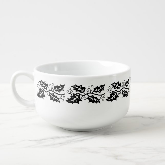Soup Mug - Holly Leaves in Black and White (Right)