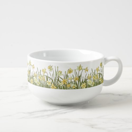 Soup mug with floral border of yellow daffodils