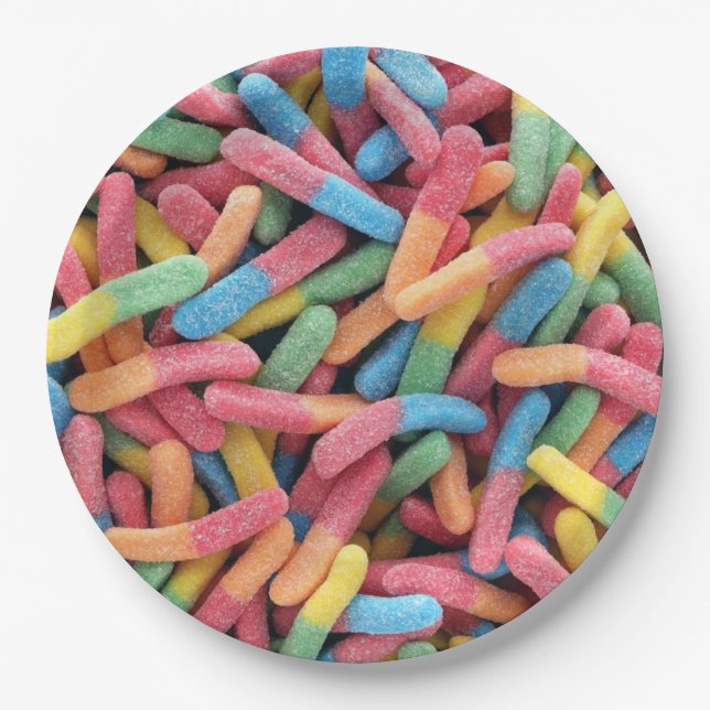Sour Gummy Worms Paper Plates (Front)