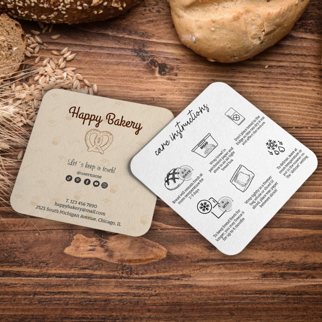 Sourdough Care Instructions Beige Bakery Icons Square Business Card (Sourdough Care Instructions Beige Bakery Icons Square Business Card)