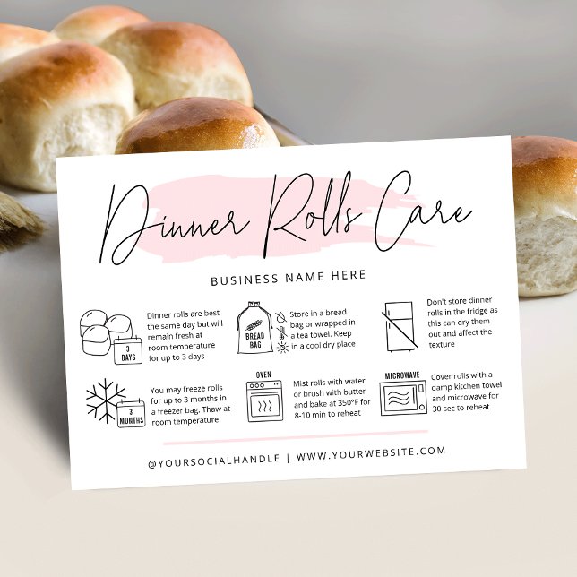 Sourdough Dinner Rolls Care Card Pink Watercolor (Trendy sourdough dinner rolls care cards with icons, modern pink watercolor design and your logo)
