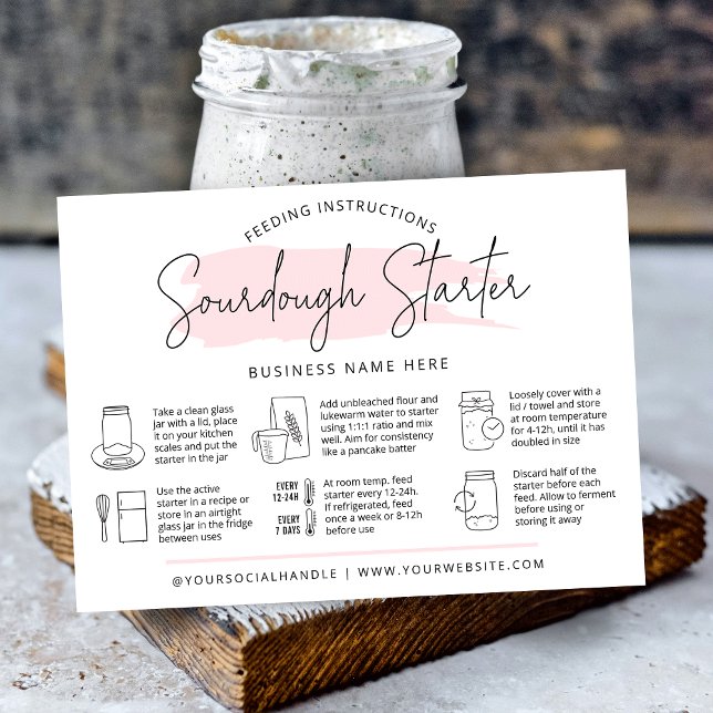 Sourdough Starter Feeding Instructions Guide Bread Business Card (Trendy sourdough starter instructions cards with icons, modern pink watercolor design and your logo)