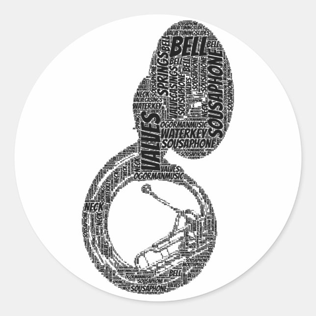 Sousaphone Shaped Word Art Black Text Classic Round Sticker (Front)