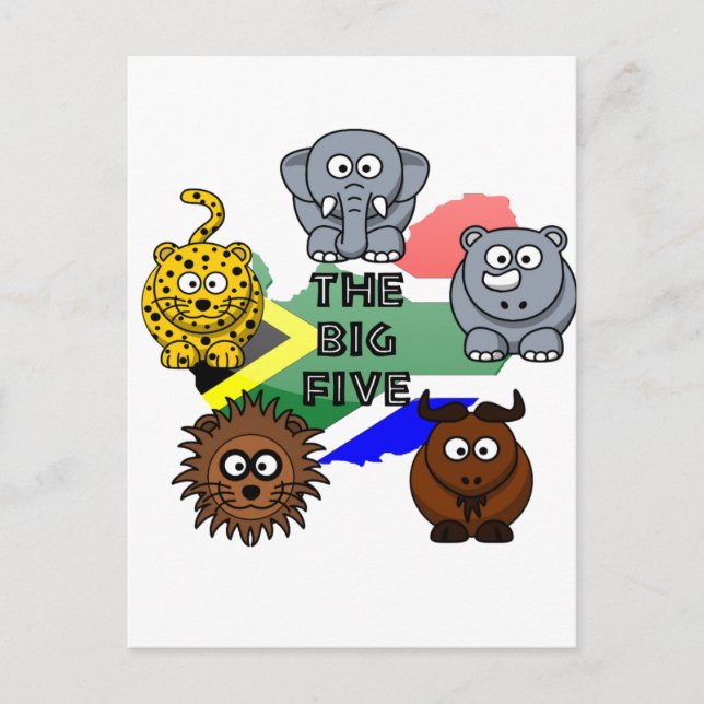 South Africa Big Five Safari Animal Cartoon Design Postcard (Front)