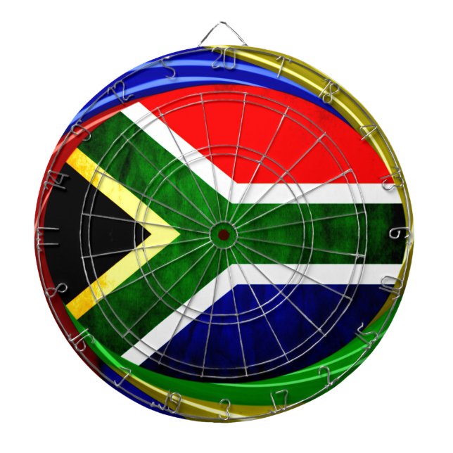 South Africa Flag: Dynamic Swirl Motif Dartboard With Darts (Front)