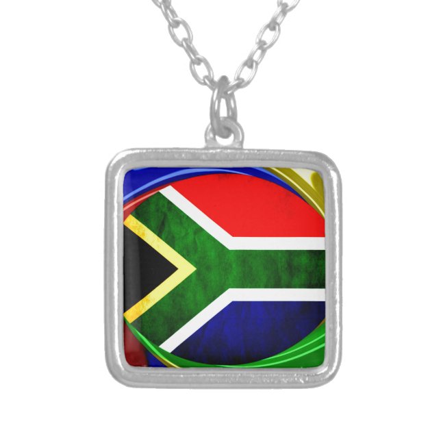 South Africa Flag: Dynamic Swirl Motif Silver Plated Necklace (Front)