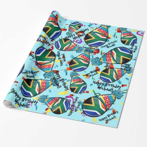 South Africa Flag In a Party Hat  Custom Birthday Wrapping Paper