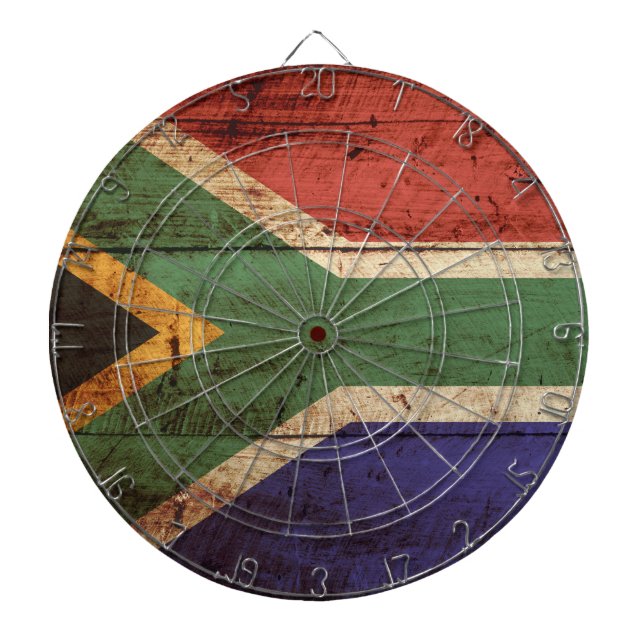 South Africa Flag on Old Wood Grain Dart Board (Front)