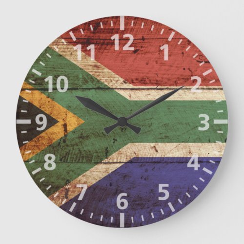 South Africa Flag on Old Wood Grain Large Clock