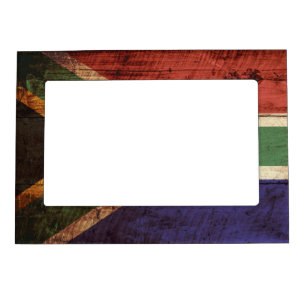 South Africa Flag on Old Wood Grain Magnetic Frame