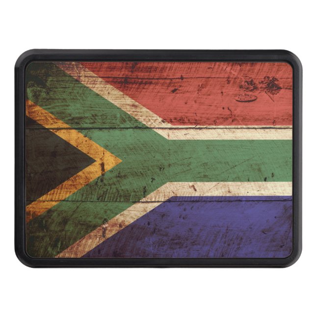 South Africa Flag on Old Wood Grain Tow Hitch Cover (Front)