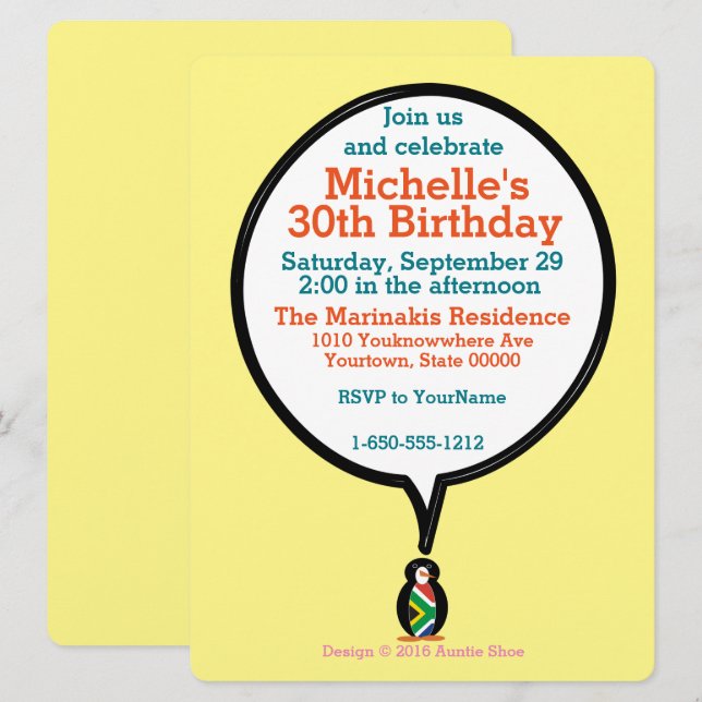 South Africa Penguin Birthday Personalized Gift  Invitation (Front/Back)