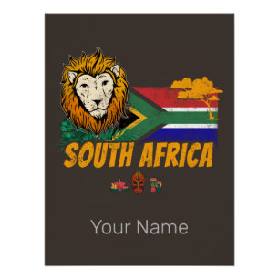 South Africa Vintage Lion Flag Safari Souvenir Poster