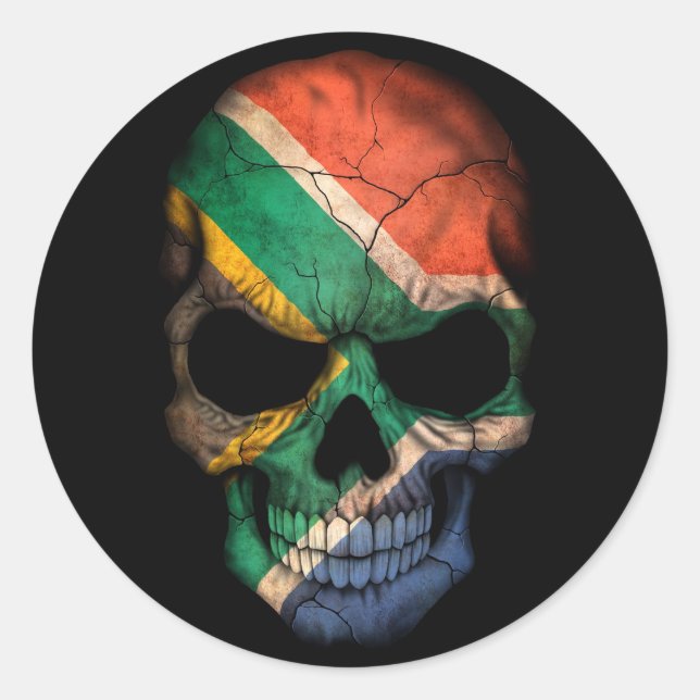 South African Flag Skull on Black Classic Round Sticker (Front)