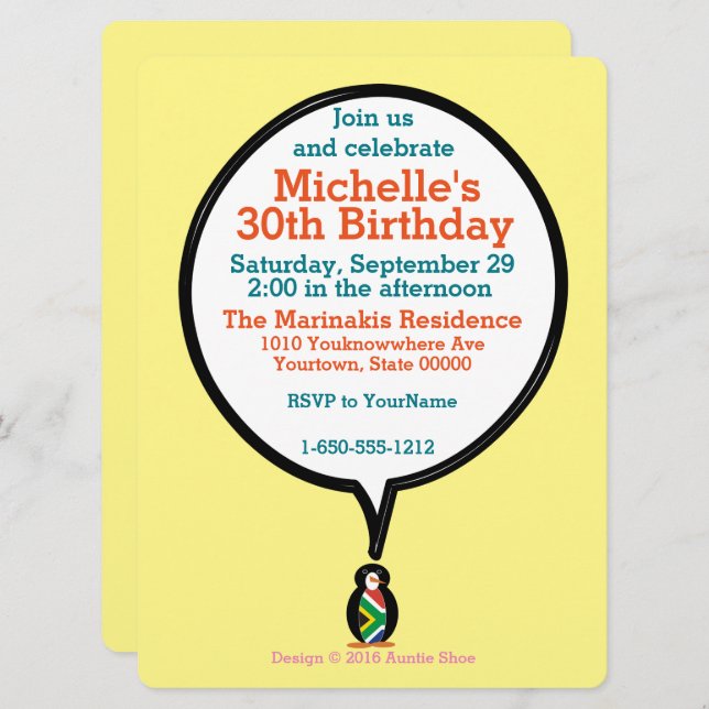 South African Talking Ms Penguin Personalized Text Invitation (Front/Back)