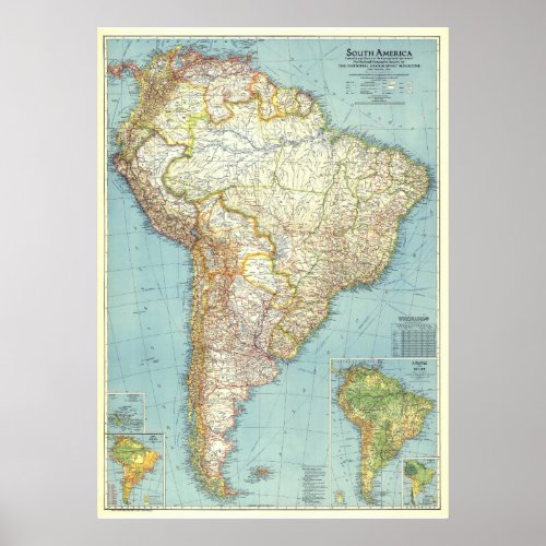  South America 1942 Detailed colored MAP  Poster