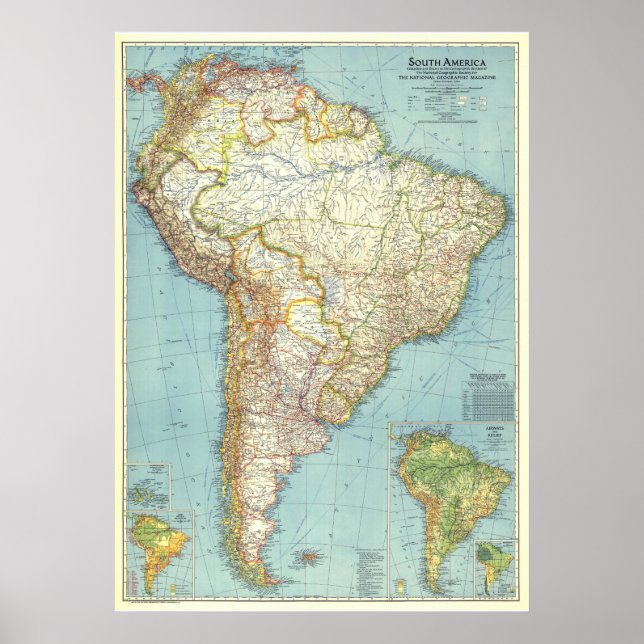 " South America: 1942 Detailed colored MAP ... Poster (Front)
