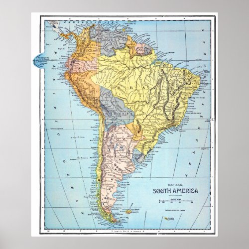 SOUTH AMERICA MAP c1890 Poster