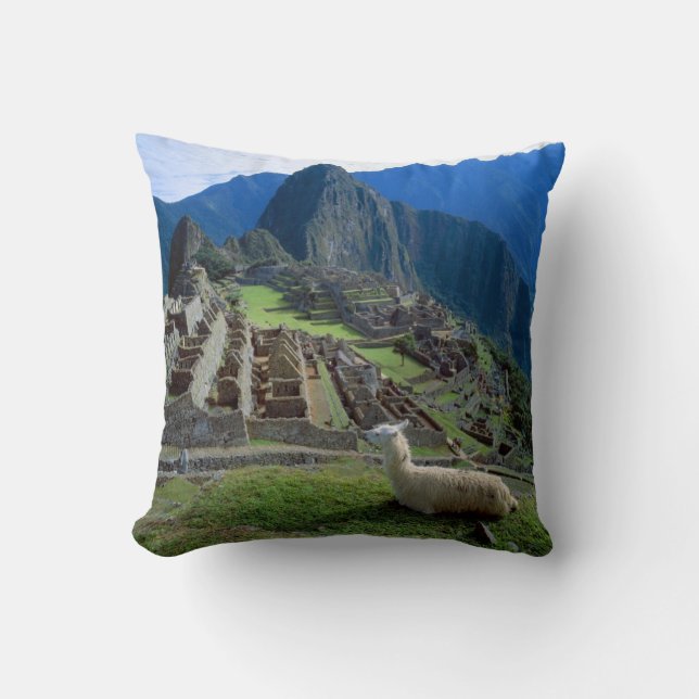 South America, Peru. A llama rests on a hill Throw Pillow (Front)