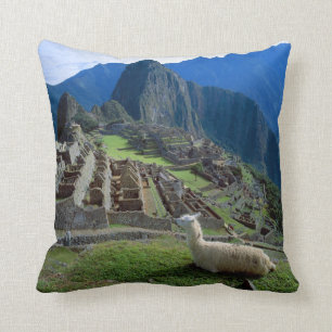 South America, Peru. A llama rests on a hill Throw Pillow