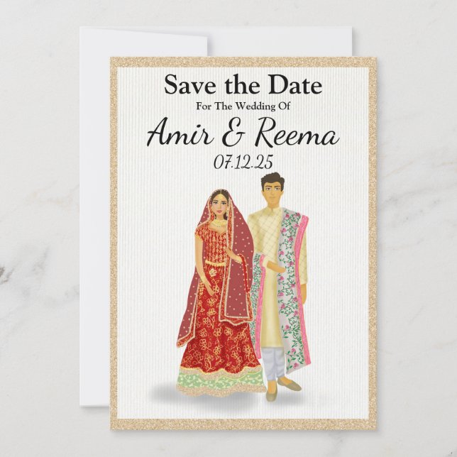South Asian Illustrated Wedding couple Save The Date (Front)