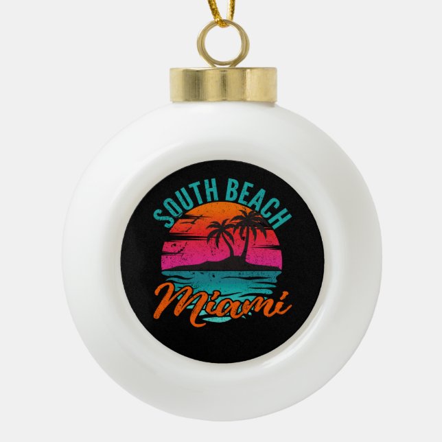 South Beach Miami Florida Palm Trees Beach Ceramic Ball Christmas Ornament (Front)