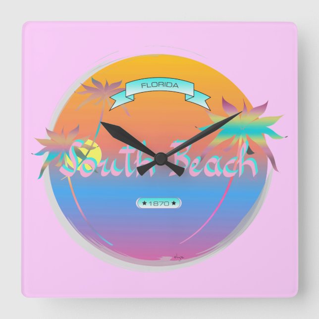 South Beach, Miami, Florida with Palms Wall Clock (Front)