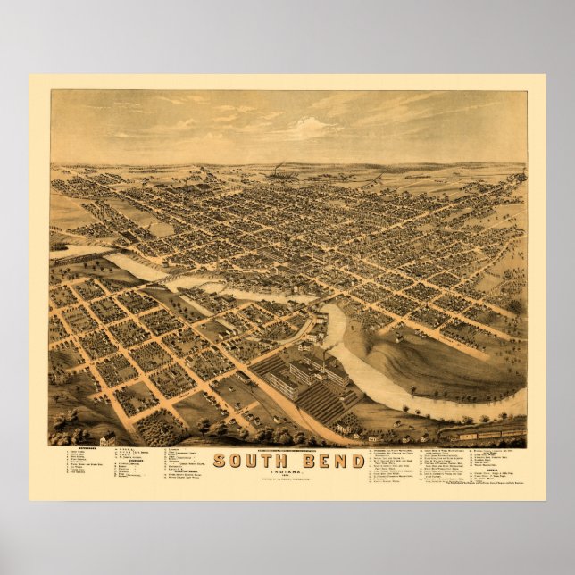 South Bend, IN Panoramic Map - 1874 Poster (Front)